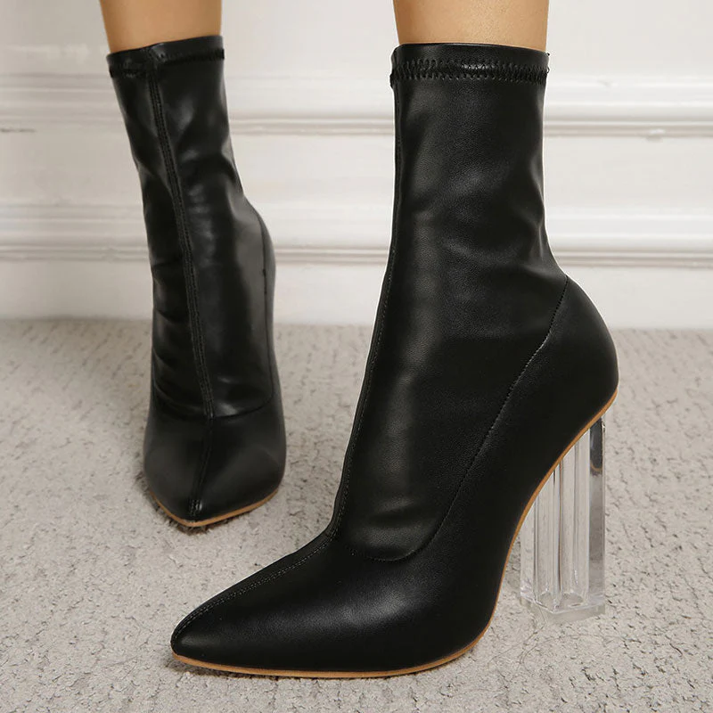 Fabulous Pointed Toe Faux Leather Clear High Heel Sock Ankle Boots - Black - Image 2