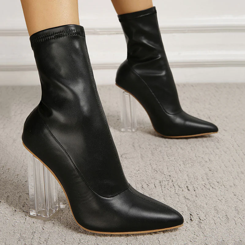 Fabulous Pointed Toe Faux Leather Clear High Heel Sock Ankle Boots - Black - Image 3