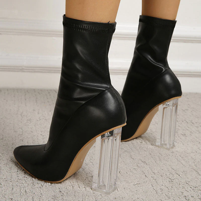 Fabulous Pointed Toe Faux Leather Clear High Heel Sock Ankle Boots - Black - Image 5