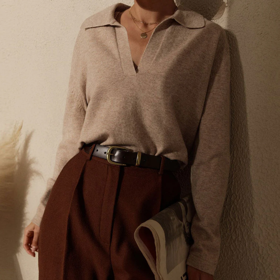 Fabulous Solid Color Collared V Neck Long Sleeve Sweater - Apricot - Image 2