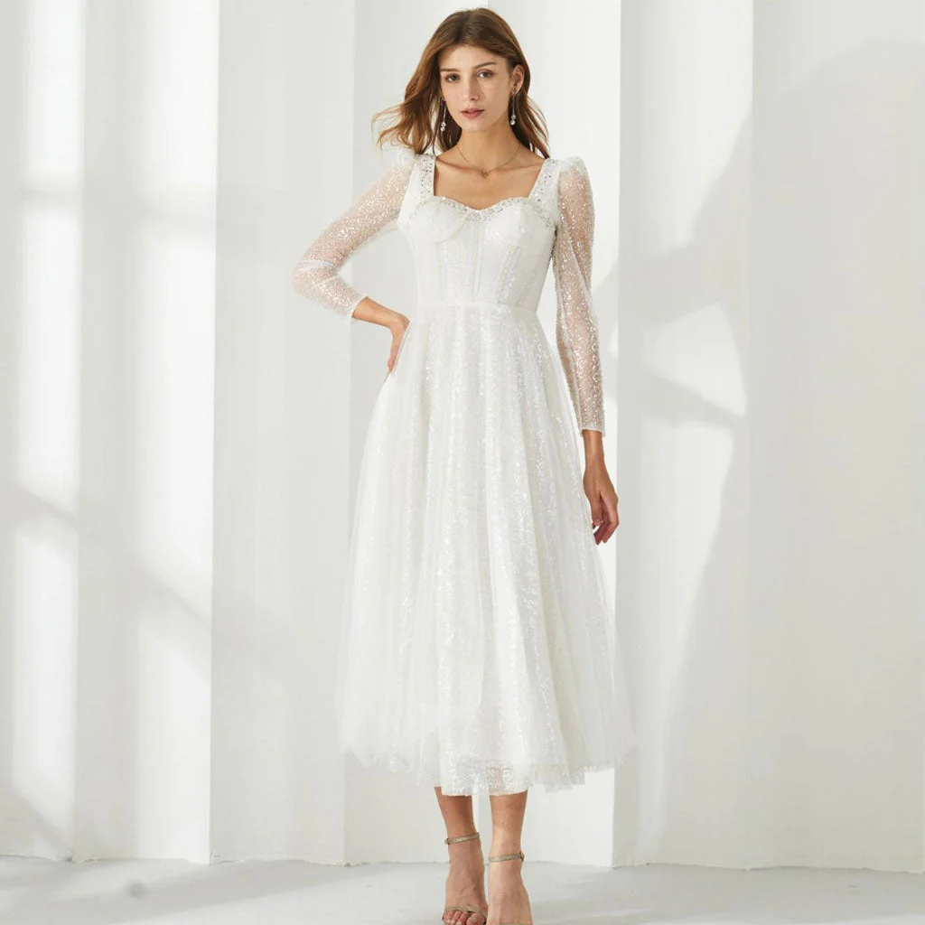 Fairy Sweetheart Neck Sheer Puff Sleeve Corset Sequin Midi Tulle Dress - Image 2