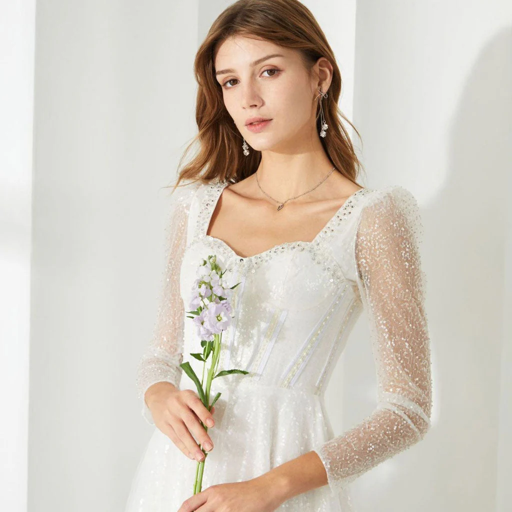 Fairy Sweetheart Neck Sheer Puff Sleeve Corset Sequin Midi Tulle Dress - Image 3
