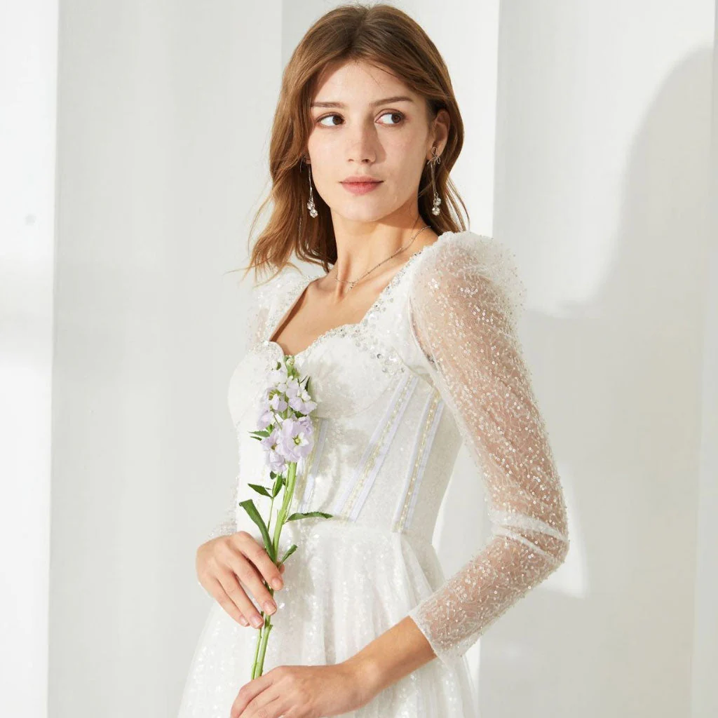 Fairy Sweetheart Neck Sheer Puff Sleeve Corset Sequin Midi Tulle Dress - Image 4
