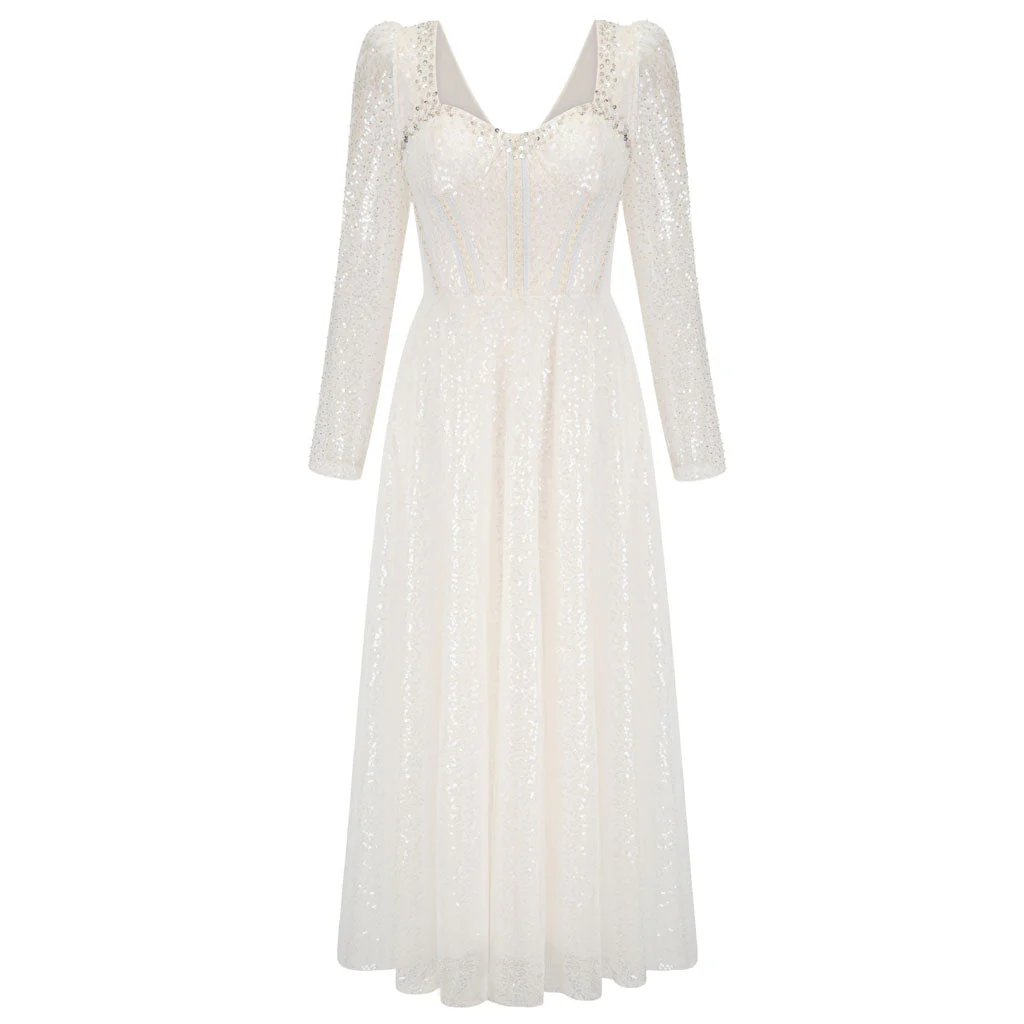 Fairy Sweetheart Neck Sheer Puff Sleeve Corset Sequin Midi Tulle Dress - Image 5