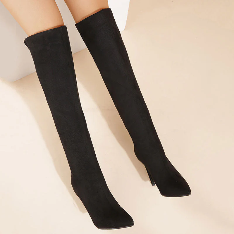 Fashionable Suede Pointed Toe High Heel Knee High Boots - Black - Image 3