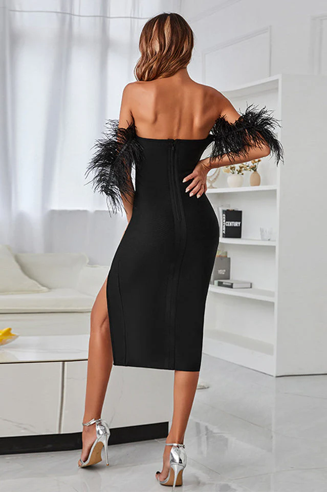 Feather Trim Off-Shoulder Split Dress - Image 5