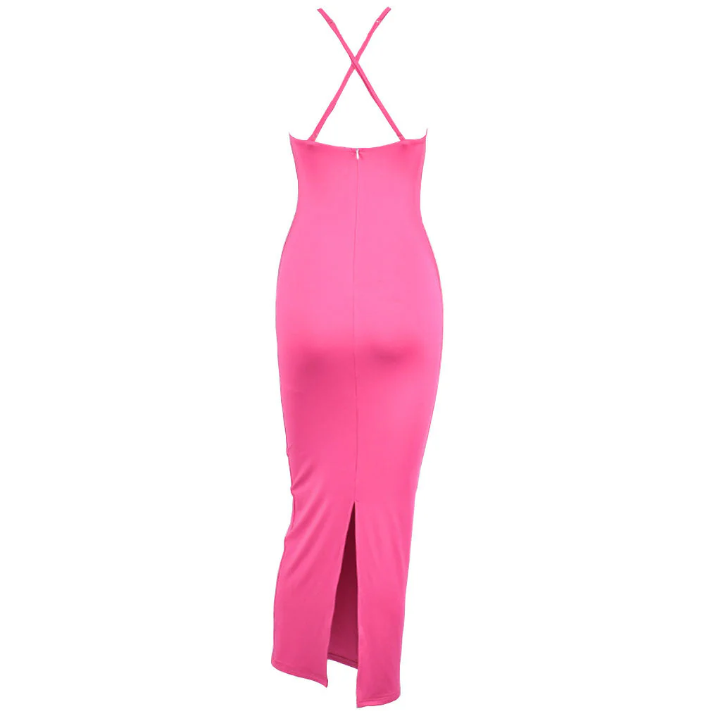 FeMinine Criss Cross Sleeveless Slit Ruched CutOut Midi Dress - Hot Pink - Image 4