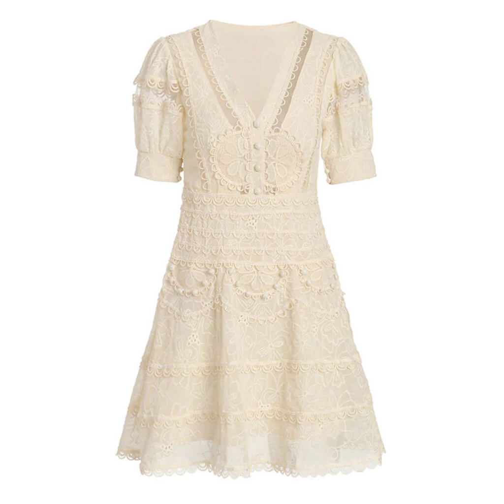 FeMinine Floral Embroidered Puff Sleeve V Neck Fit and Flare Mini Lace Dress