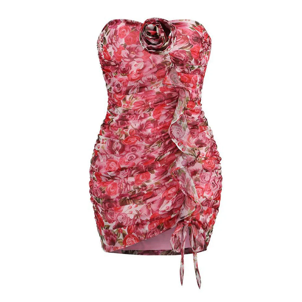 FeMinine Floral Print Rosette Sweetheart Ruffle Trim Ruched Mini Tube Dress