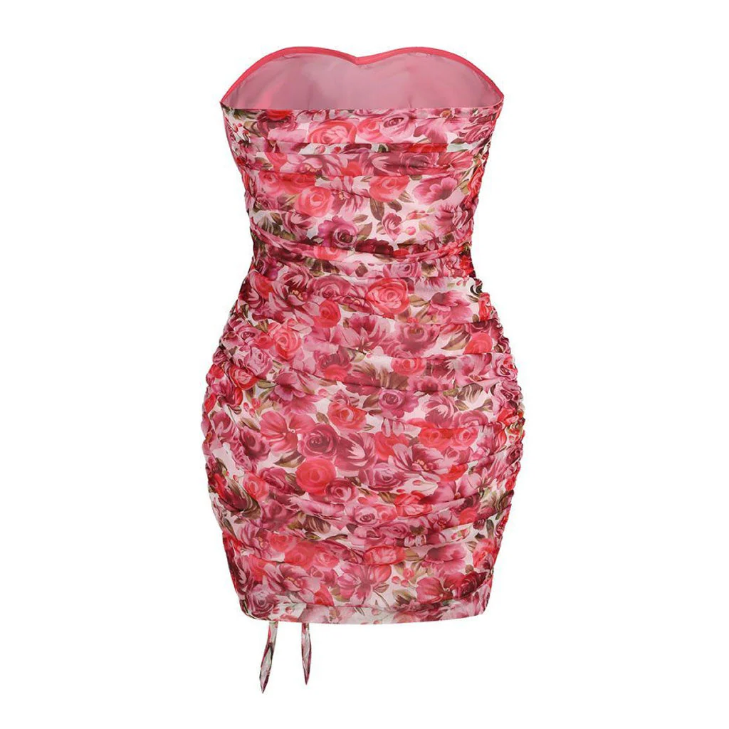 FeMinine Floral Print Rosette Sweetheart Ruffle Trim Ruched Mini Tube Dress - Image 2