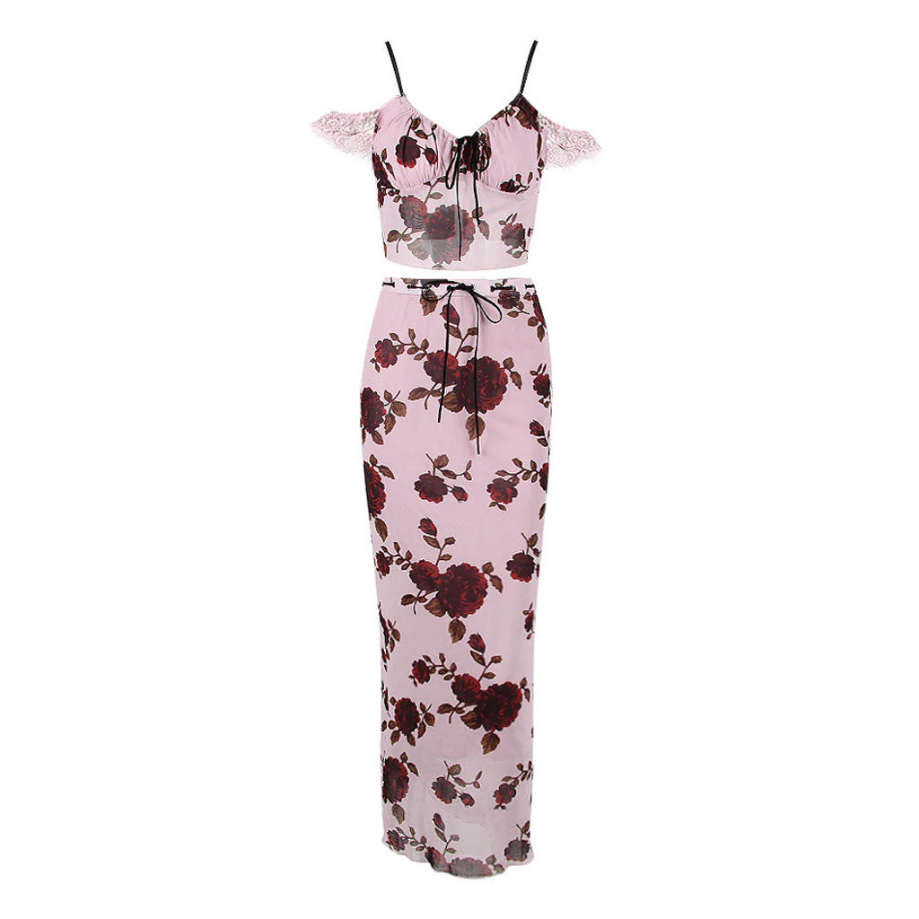 FeMinine Floral Tie Front Off The Shoulder Cropped Mesh Top Matching Set