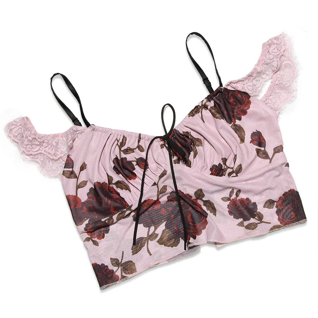FeMinine Floral Tie Front Off The Shoulder Cropped Mesh Top Matching Set - Image 3