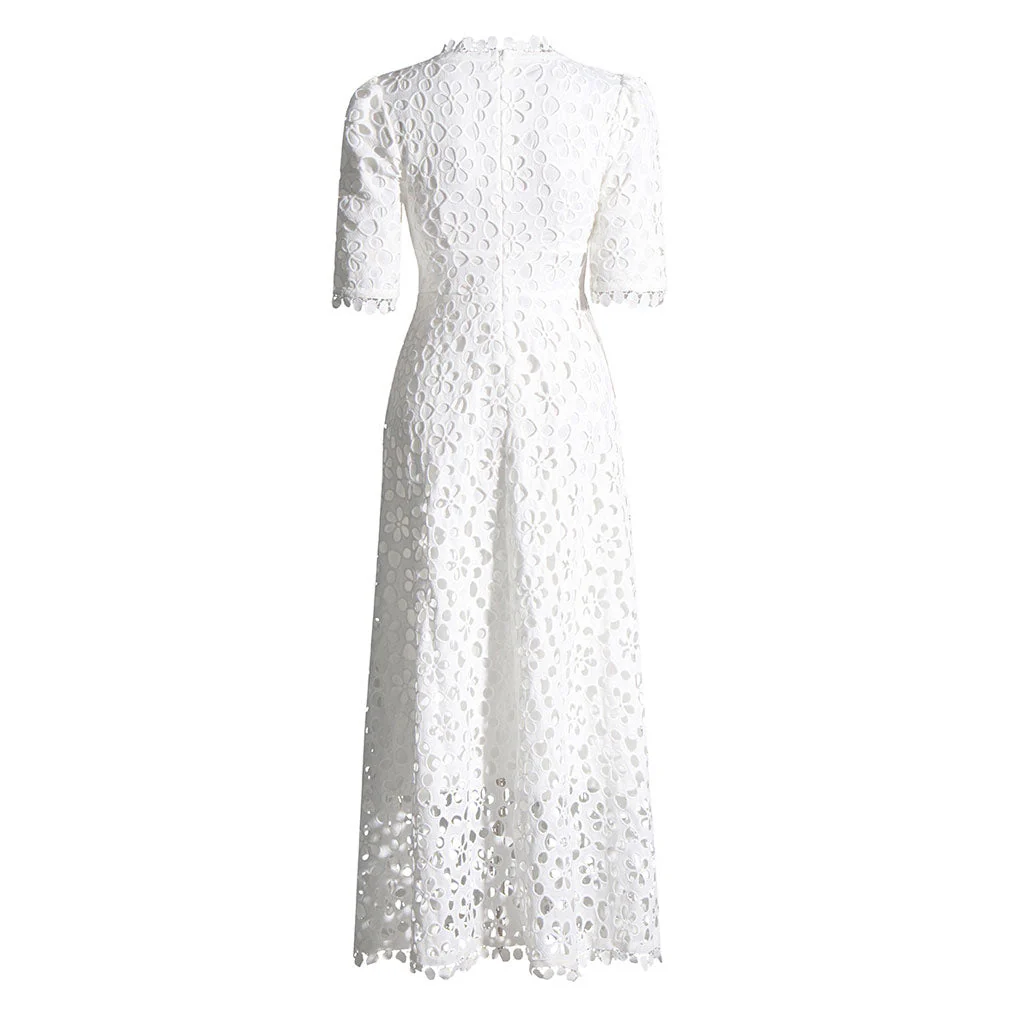 FeMinine Lace Trim V Neck Half Sleeve Broderie Anglaise Fit and Flare Maxi Dress - Image 2