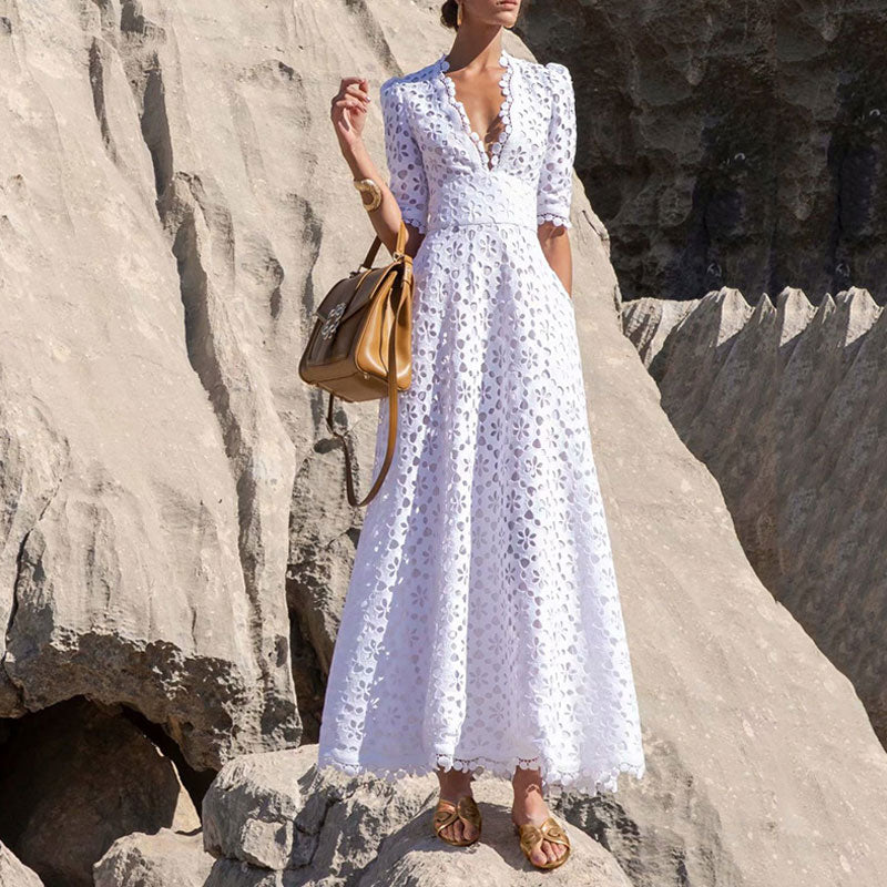 FeMinine Lace Trim V Neck Half Sleeve Broderie Anglaise Fit and Flare Maxi Dress - Image 5
