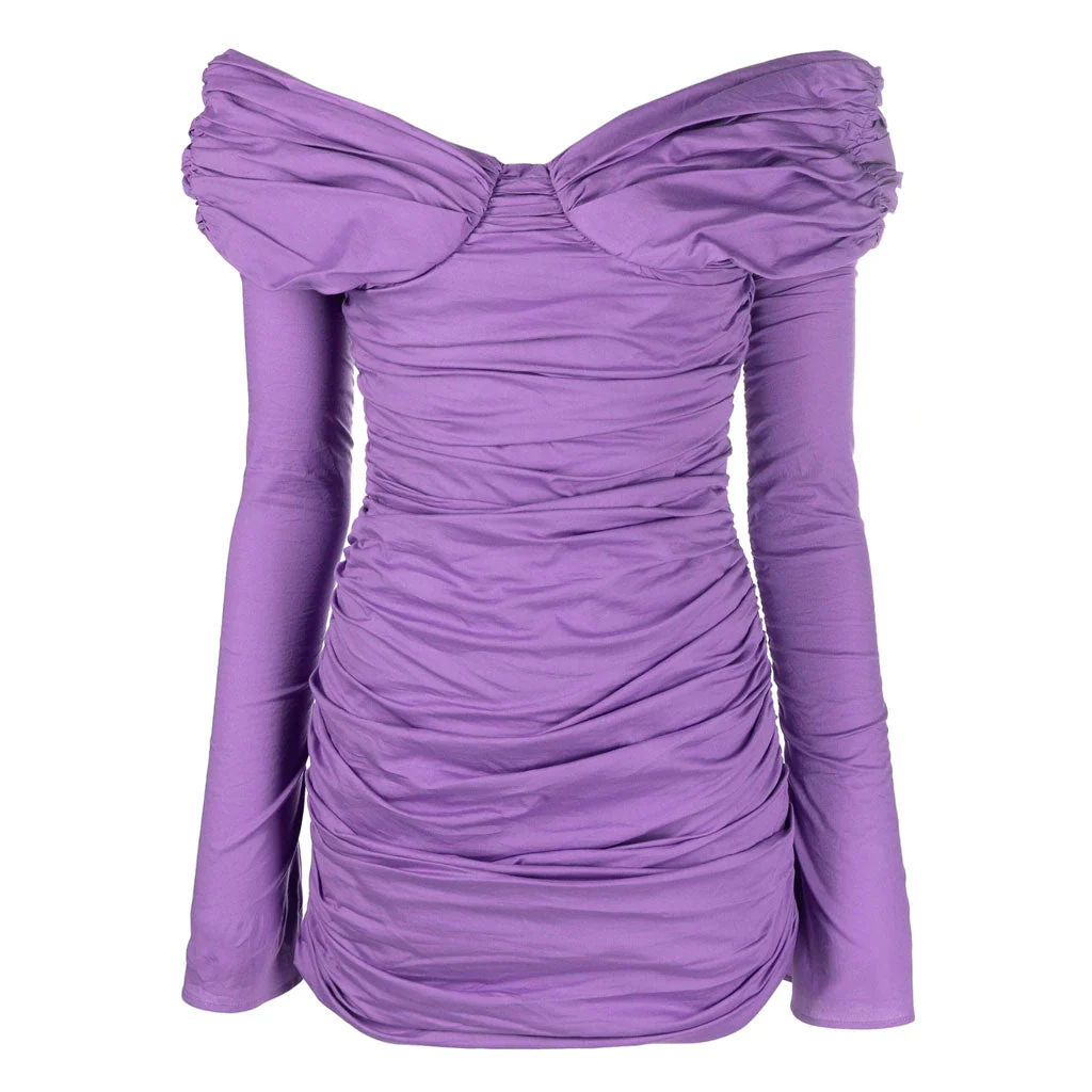 FeMinine Off The Shoulder V Neck Bell Sleeve Split Cuff Ruched Mini Dress