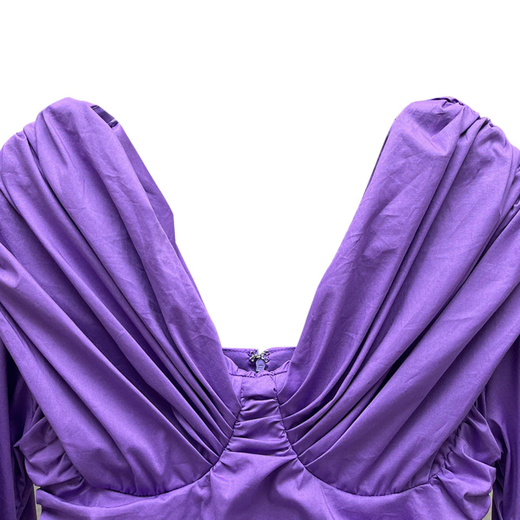 FeMinine Off The Shoulder V Neck Bell Sleeve Split Cuff Ruched Mini Dress - Image 4