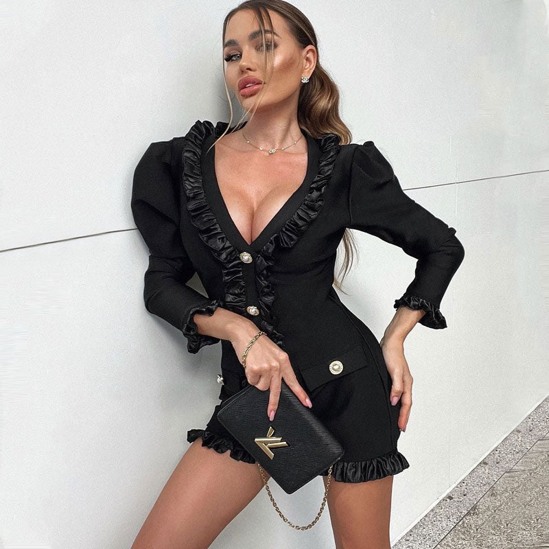 FeMinine Ruffle Trim Button Detail V Neck Puff Sleeve Mini Bandage Dress - Black - Image 2
