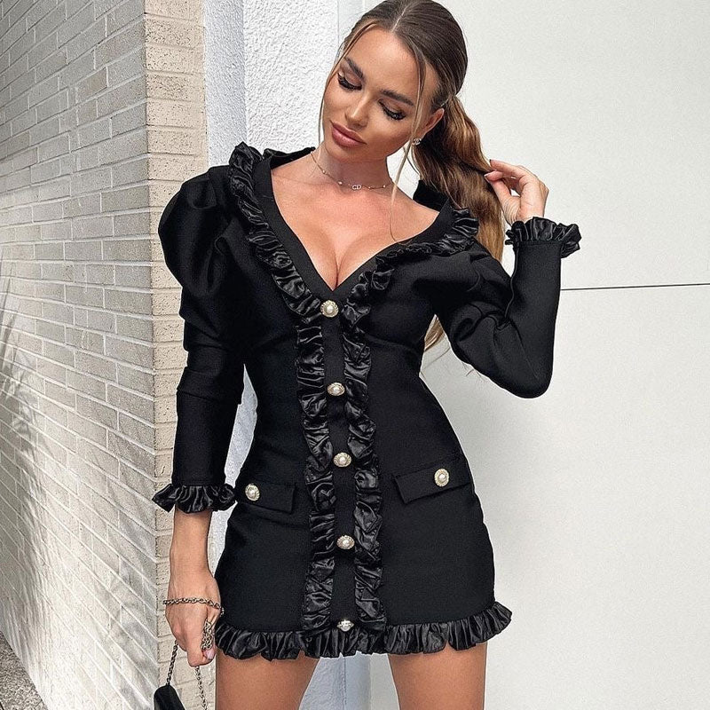 FeMinine Ruffle Trim Button Detail V Neck Puff Sleeve Mini Bandage Dress - Black - Image 4