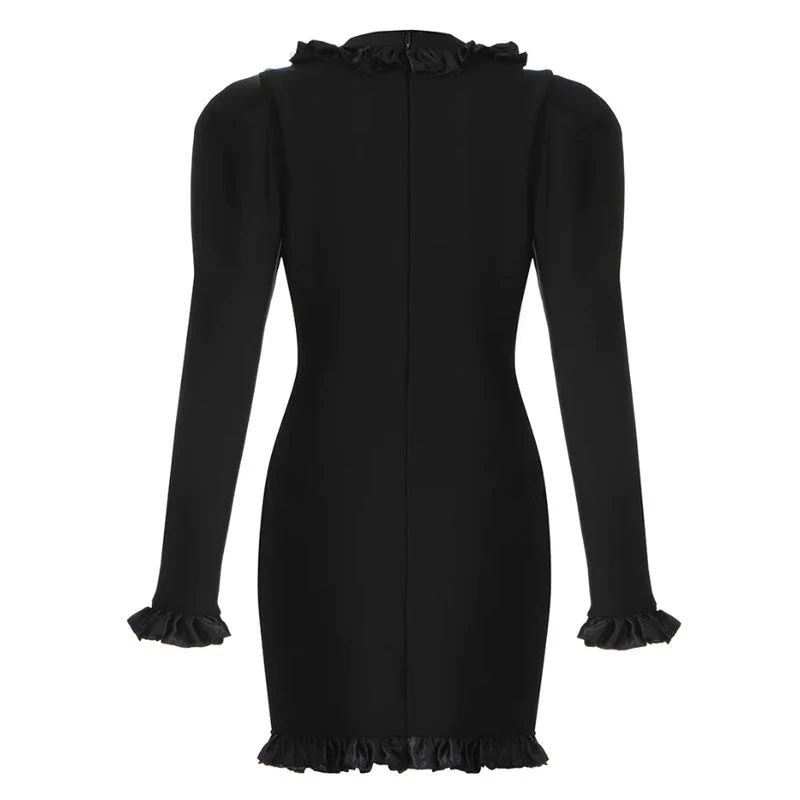FeMinine Ruffle Trim Button Detail V Neck Puff Sleeve Mini Bandage Dress - Black - Image 6