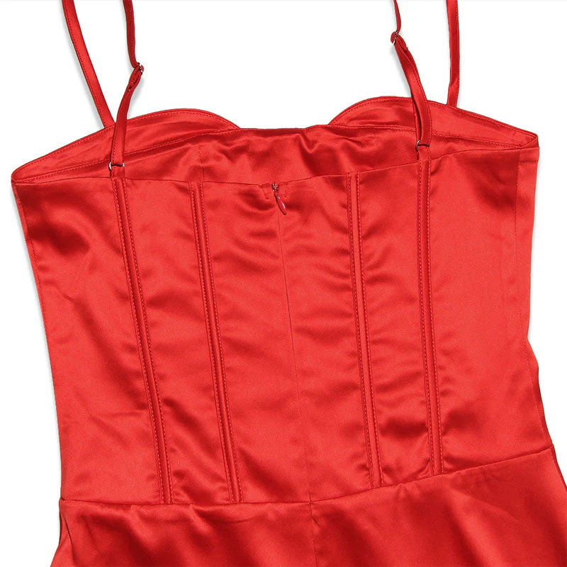 FeMinine Spaghetti Strap Back Slit Bodycon Maxi Satin Corset Dress - Red - Image 5