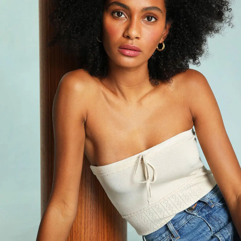 FeMinine Tie Front Scalloped Pointelle Knit Strapless Top - Cream - Image 2