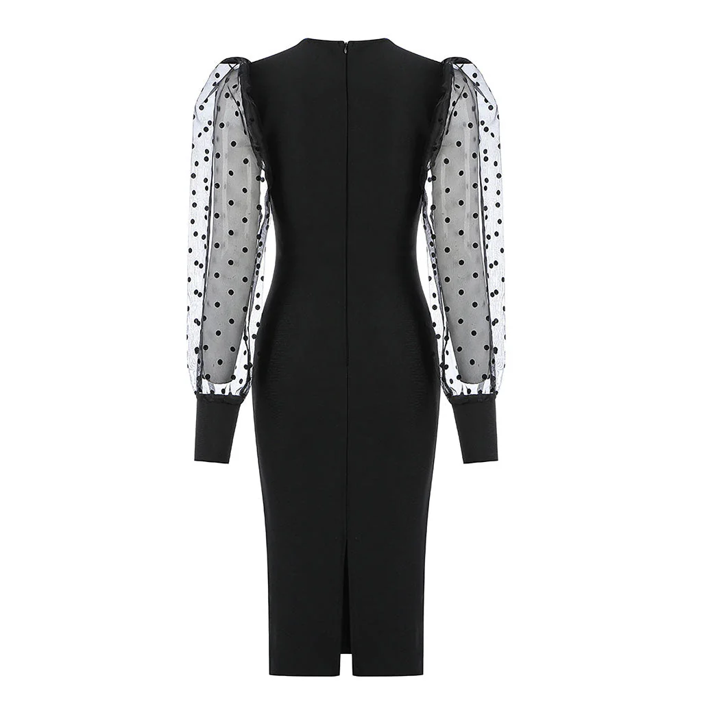 Femme Polka Dot Puff Sleeve Round Neck Bodycon Bandage Midi Dress - Black - Image 5