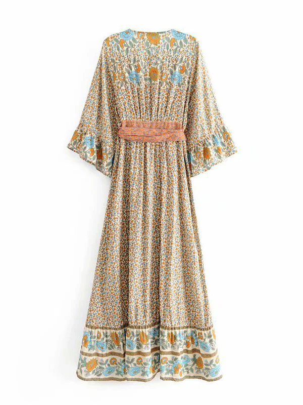 Beachwear Floral Print Red Color Cotton Long Length Gown Kimono Duster Robe - Image 4
