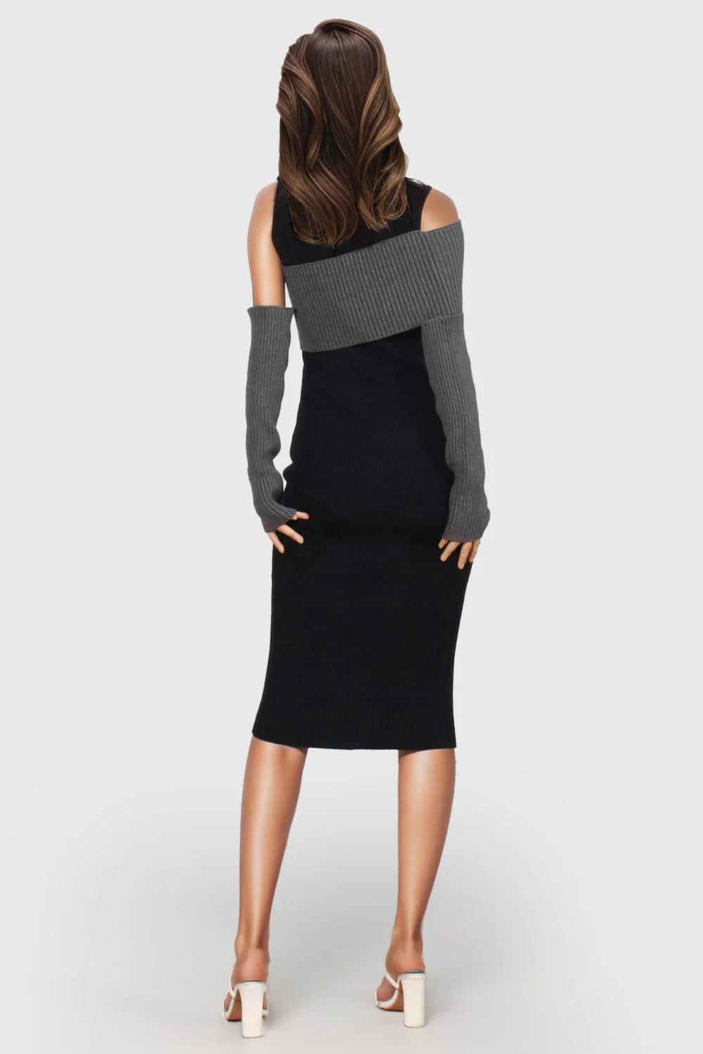 Fitted Midi Dress with Knitted Details - Black - Image 2