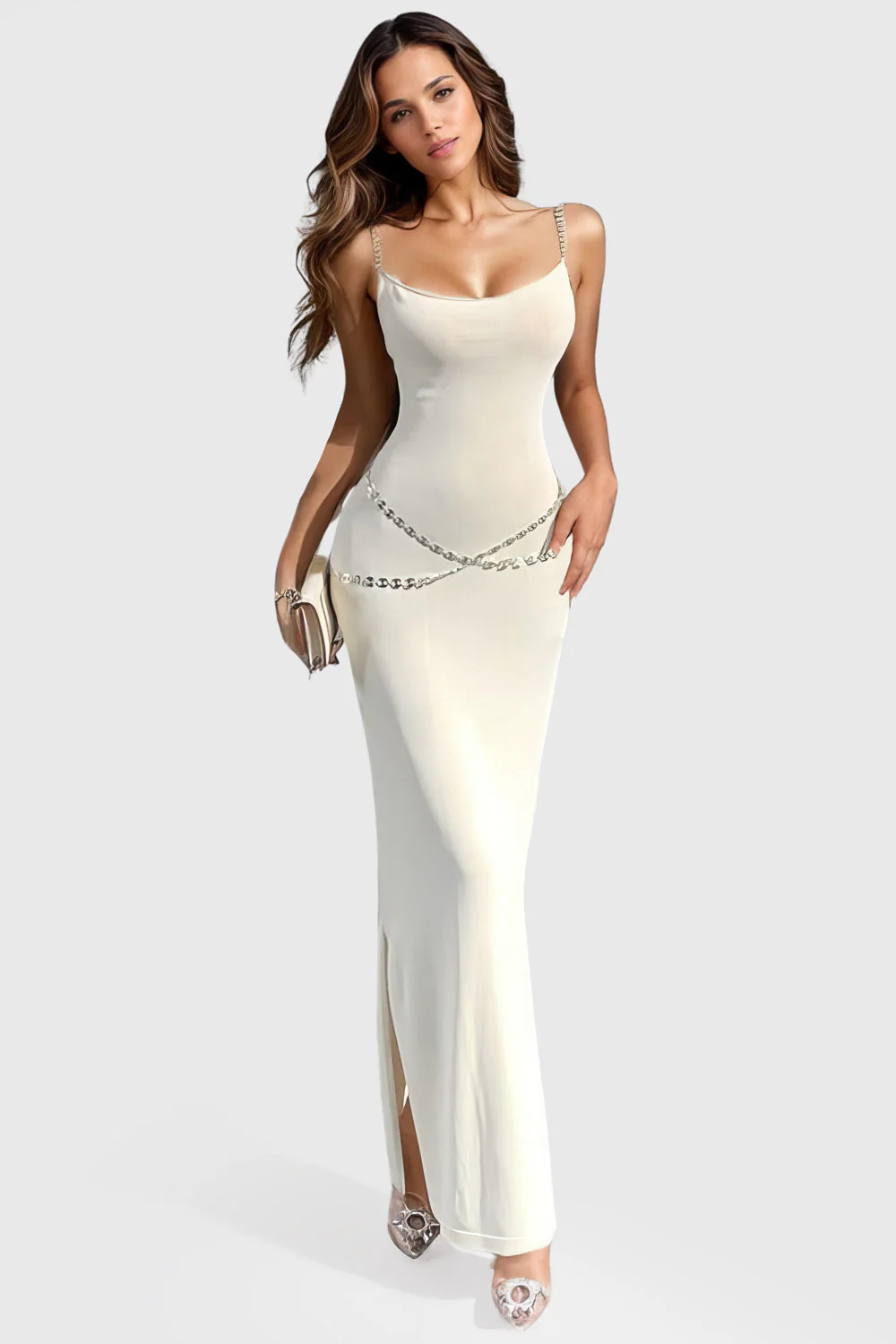 Fitted Midi Dress with Waist Chains - White - Image 4