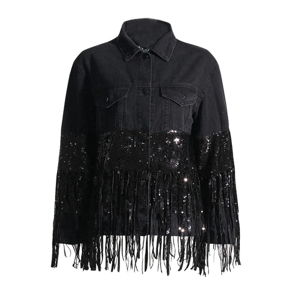 Flamboyant Collared Button Front Long Sleeve Sequin Fringe Denim Jacket - Image 3