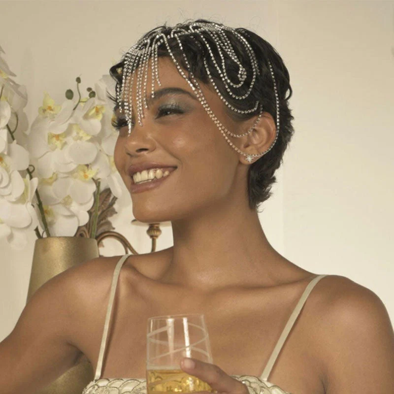 Flapper Rhinestone Embellished Caged Chain Tassel Headpiece - Silver - Image 4