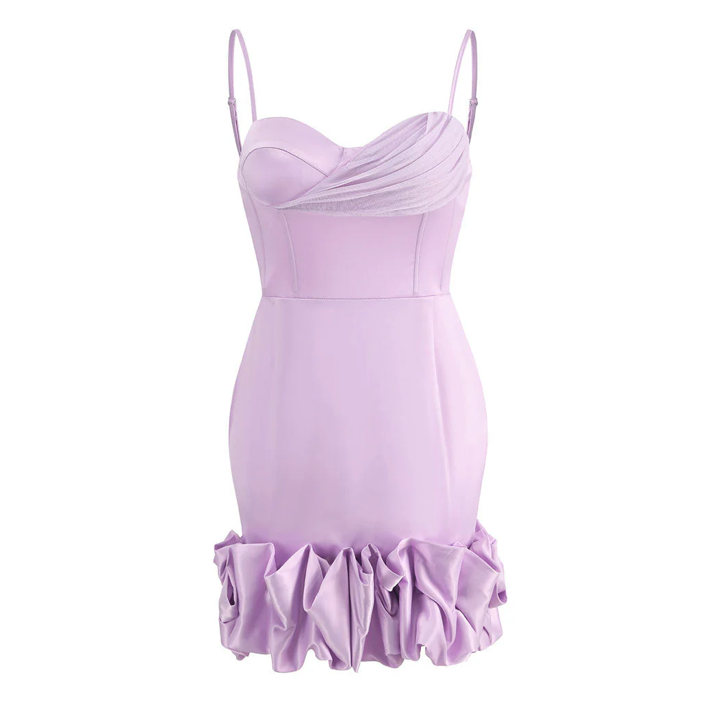 Flattering Ruched Mesh Panel Sweetheart Ruffle Cami Satin Bodycon Mini Party Dress - Image 4