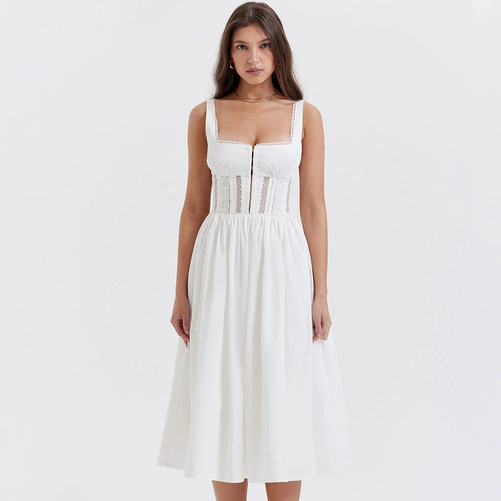 Flattering Square Neck Suspender Strap Sheer Lace Spliced Fit and Flare Midi SunDress - Image 5