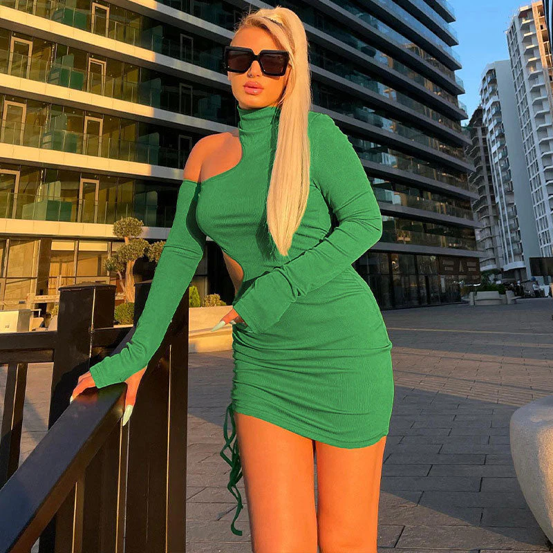 Flirtatious High Neck Cut Out Drawstring Ruched Long Sleeve Bodycon Mini Dress - Green - Image 2