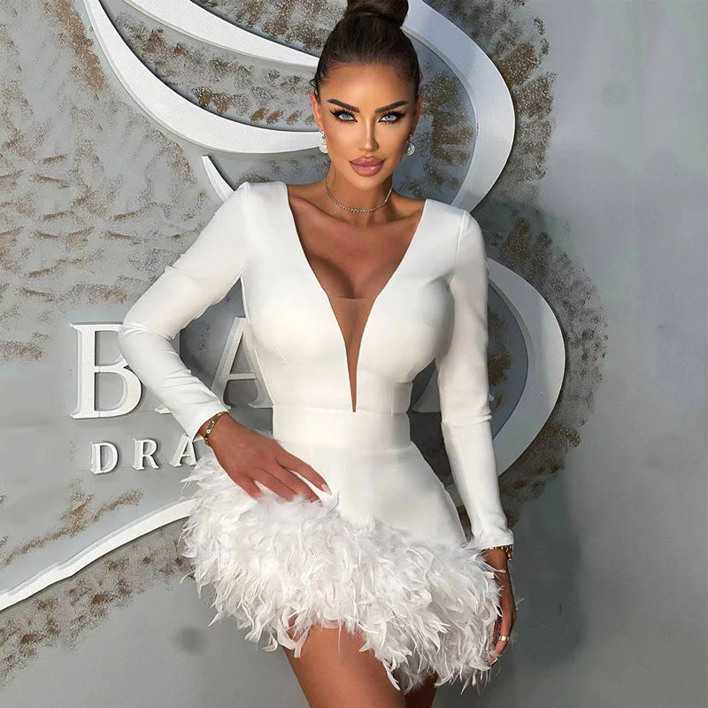 Flirty Faux Feather Trim Plunging Long Sleeve Mini Bandage Dress - White - Image 2