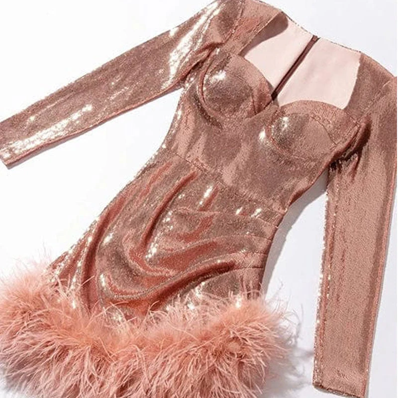 Flirty Faux Feather Trim Sweetheart Neck Long Sleeve Mini Sequin Dress - Pink - Image 6