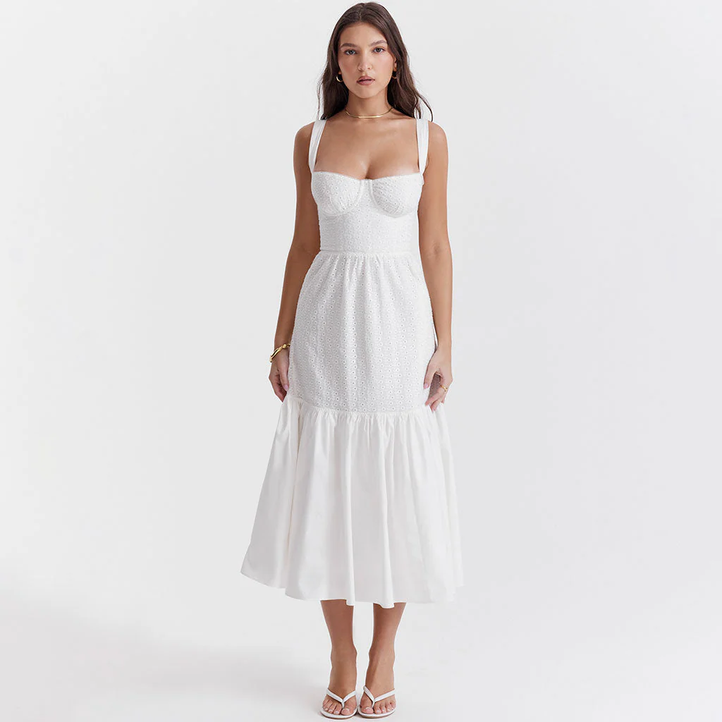 Floaty Sweetheart Neck Pocket Side Fit & Flare Broderie Anglaise Midi SunDress