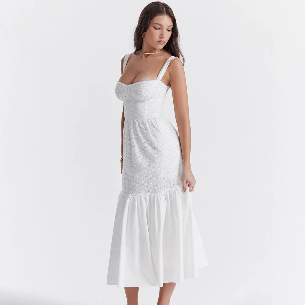 Floaty Sweetheart Neck Pocket Side Fit & Flare Broderie Anglaise Midi SunDress - Image 2