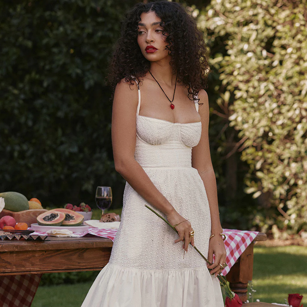Floaty Sweetheart Neck Pocket Side Fit & Flare Broderie Anglaise Midi SunDress - Image 5
