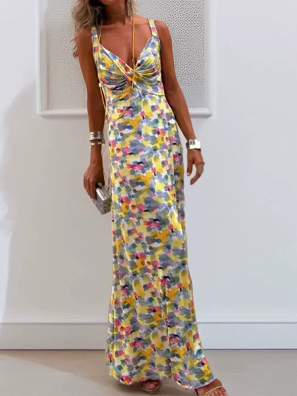 Flora Watercolor Print Crossover Neck Wide Straps Stretch Maxi Dress - Image 3