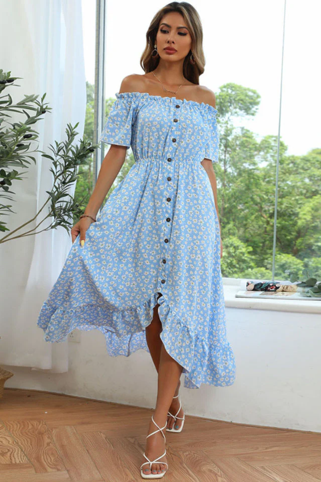 Floral Button Off-Shoulder Dress - Image 2