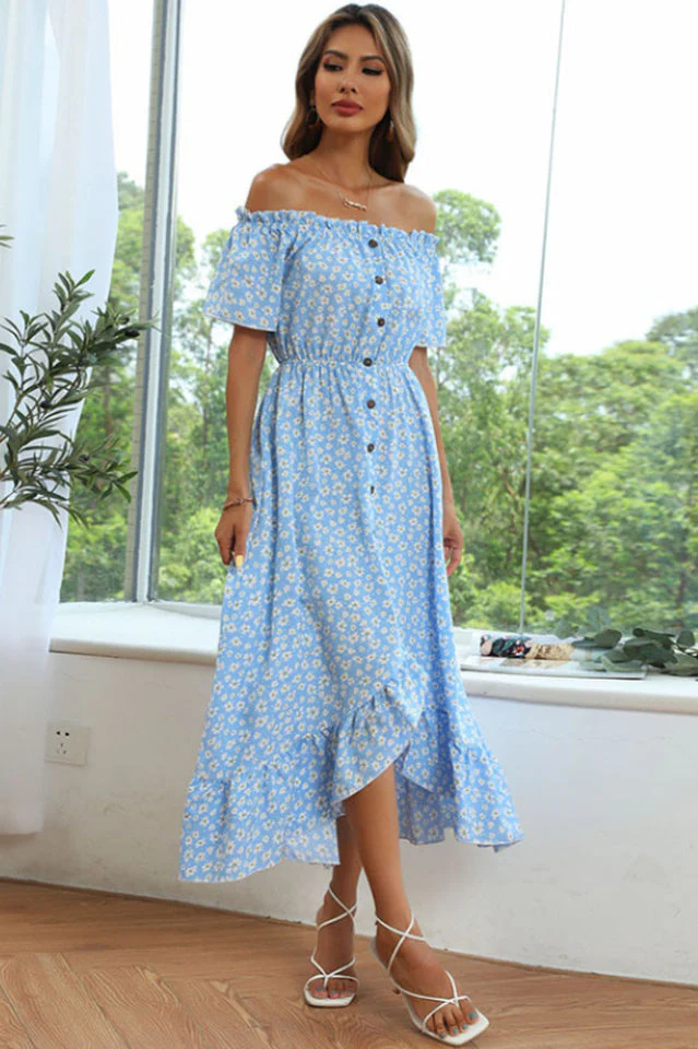 Floral Button Off-Shoulder Dress - Image 5