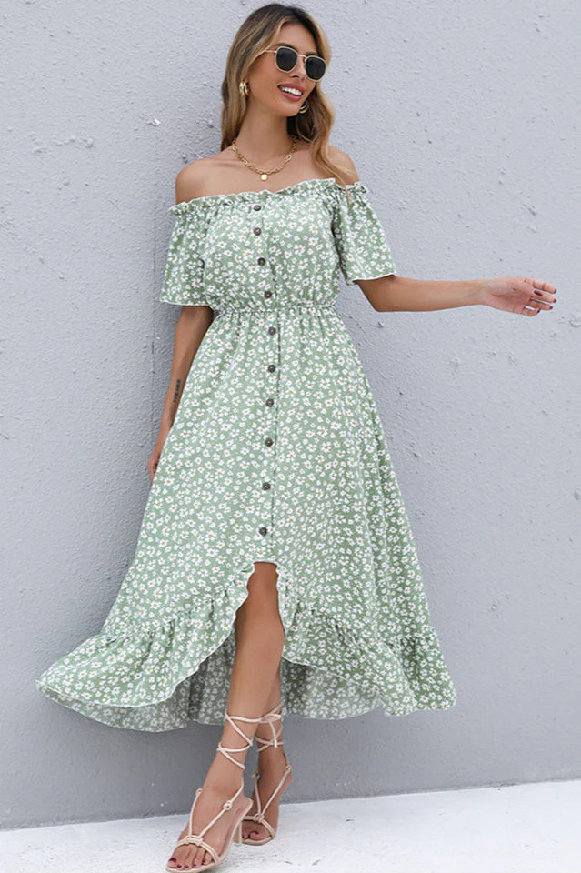 Floral Button Off-Shoulder Dress - Image 7