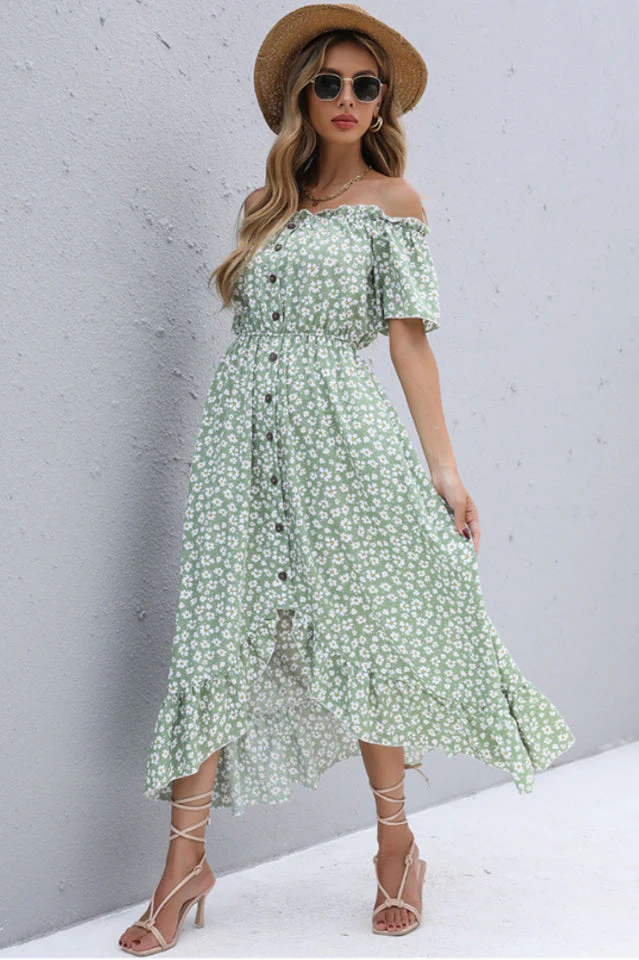 Floral Button Off-Shoulder Dress - Image 8