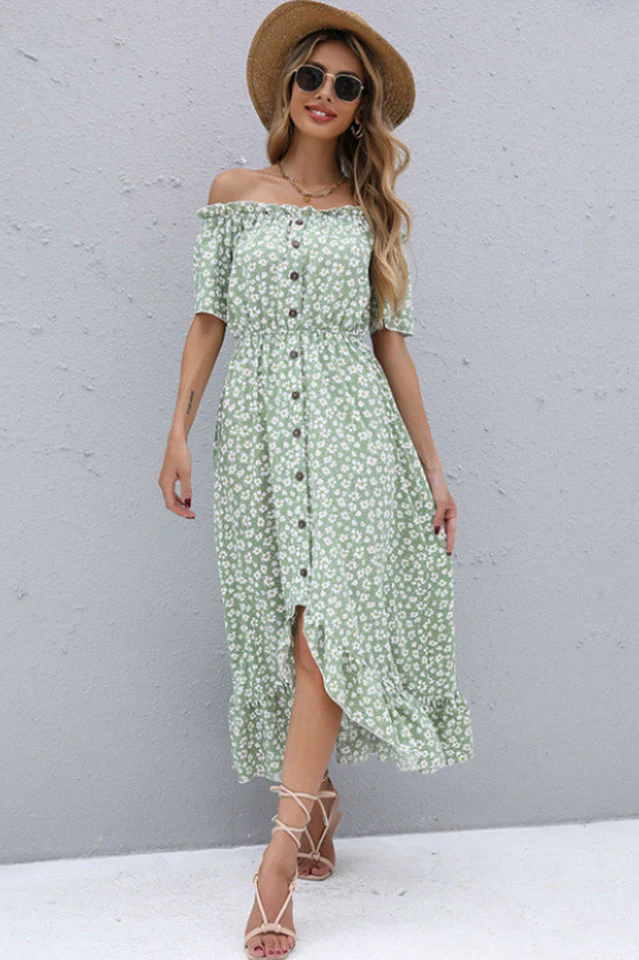 Floral Button Off-Shoulder Dress - Image 9
