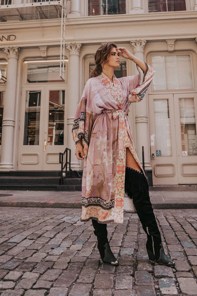 Floral Crane Print Kimono With Belt - Image 5