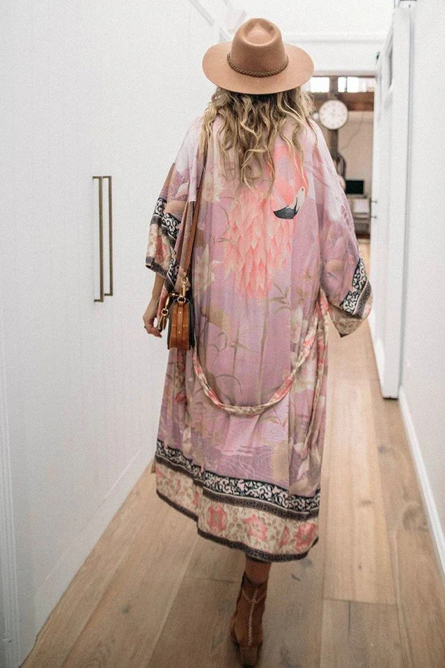 Floral Crane Print Kimono With Belt - Image 9