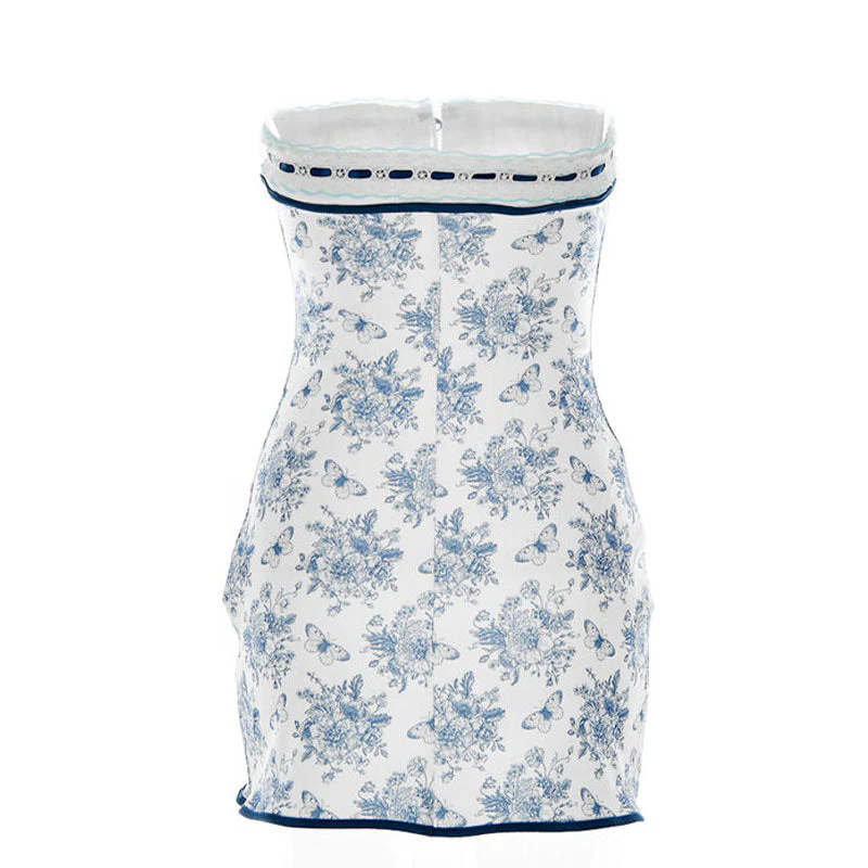Floral Lace Trim Tie Front Hook And Eye Detail Strapless Mini Dress - Blue - Image 4