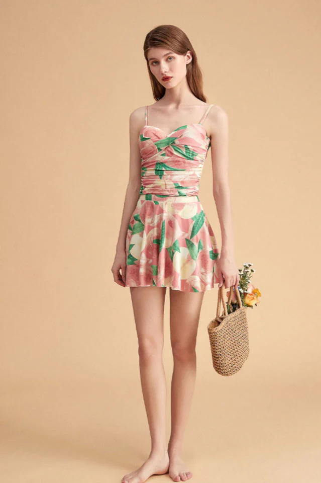 Floral One Piece Swimsuit With Skirt - Image 7
