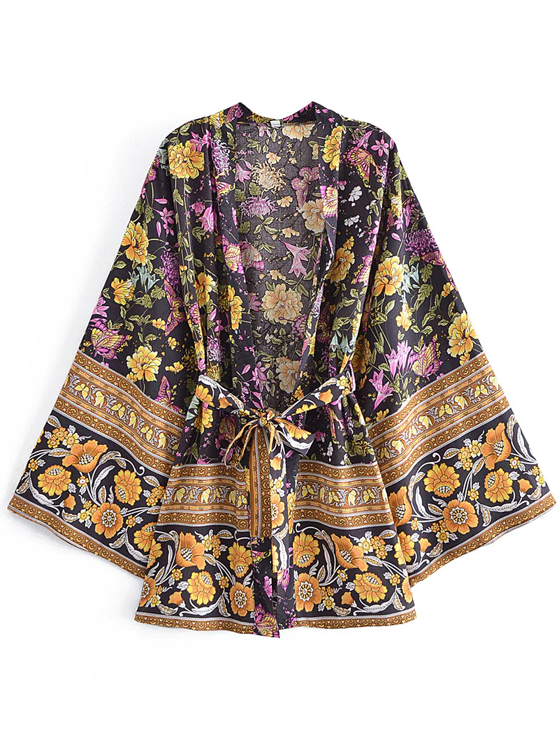 Short Floral Print Black Color Polyester Short Length Gown Robe Kimono Duster Robe